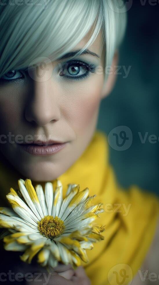 Portrait of a woman with short blonde hair holding a daisy flower photo