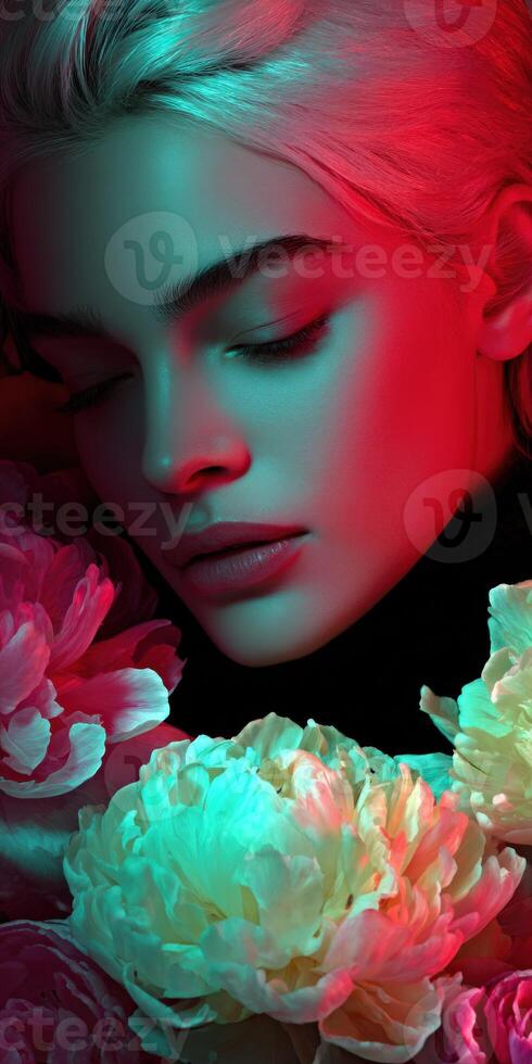 Model surrounded by colorful flowers in a soft light setting photo