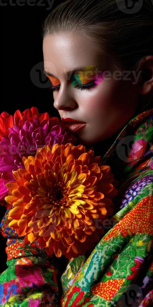 Vibrant model poses with colorful flowers in artistic display photo