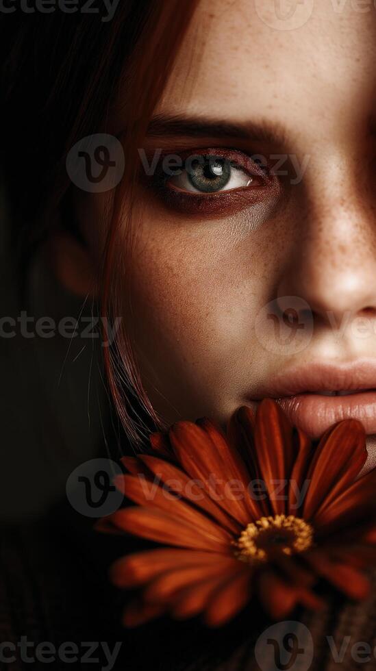 Close-up portrait of a young woman with a flower in soft light photo