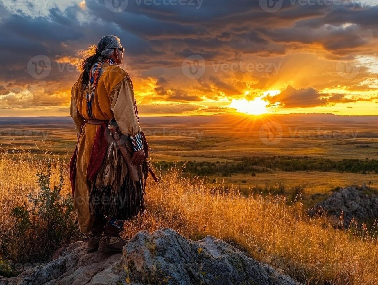 Native American man watching sunset over expansive prairie landscape photo