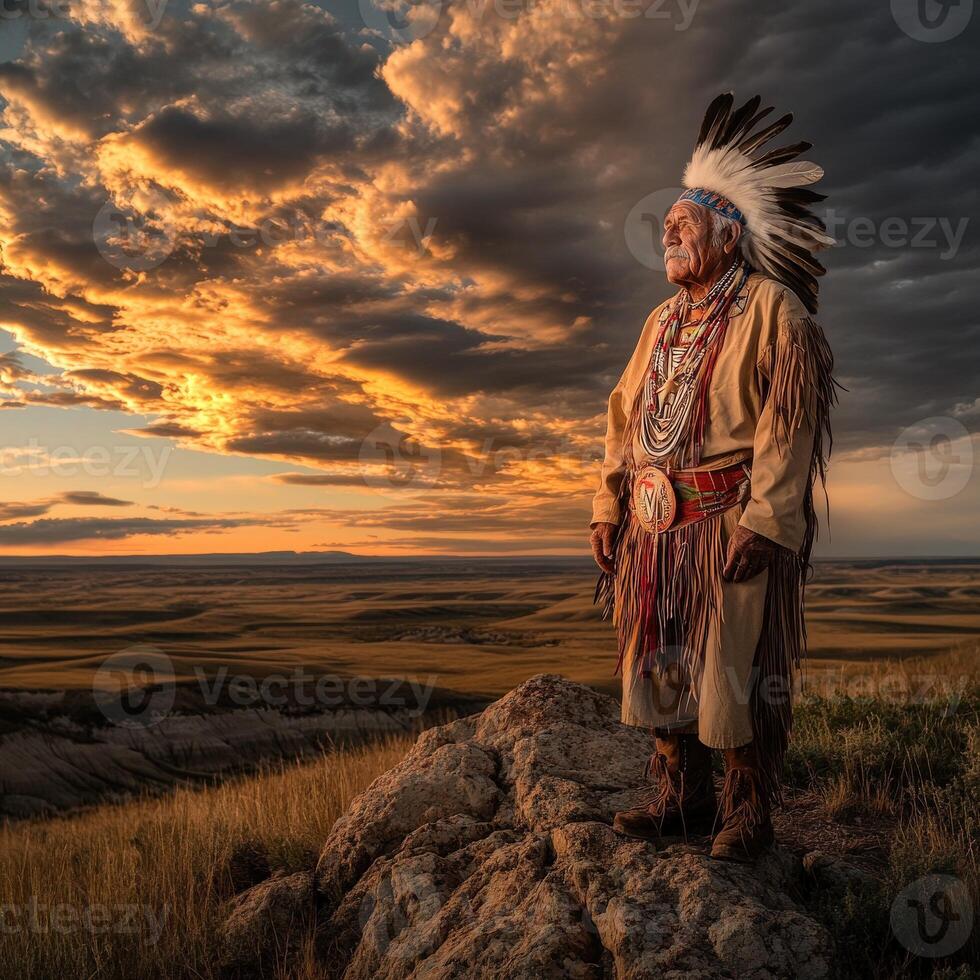 Elder in traditional attire stands on a rock during sunset photo