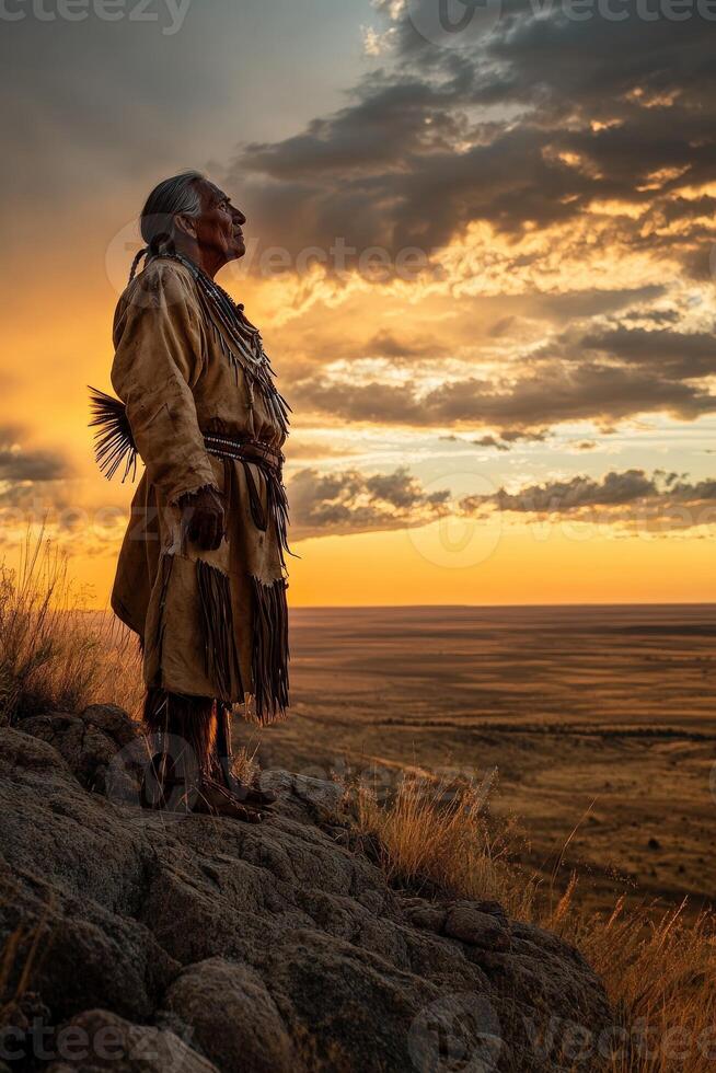 Elder standing proudly during sunset on a rocky outcrop photo
