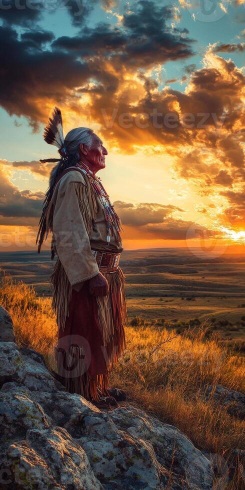 Elder standing on a cliff at sunset in open wilderness photo