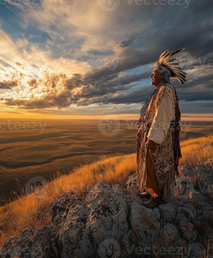 Elder in traditional attire overlooking majestic sunset landscape photo