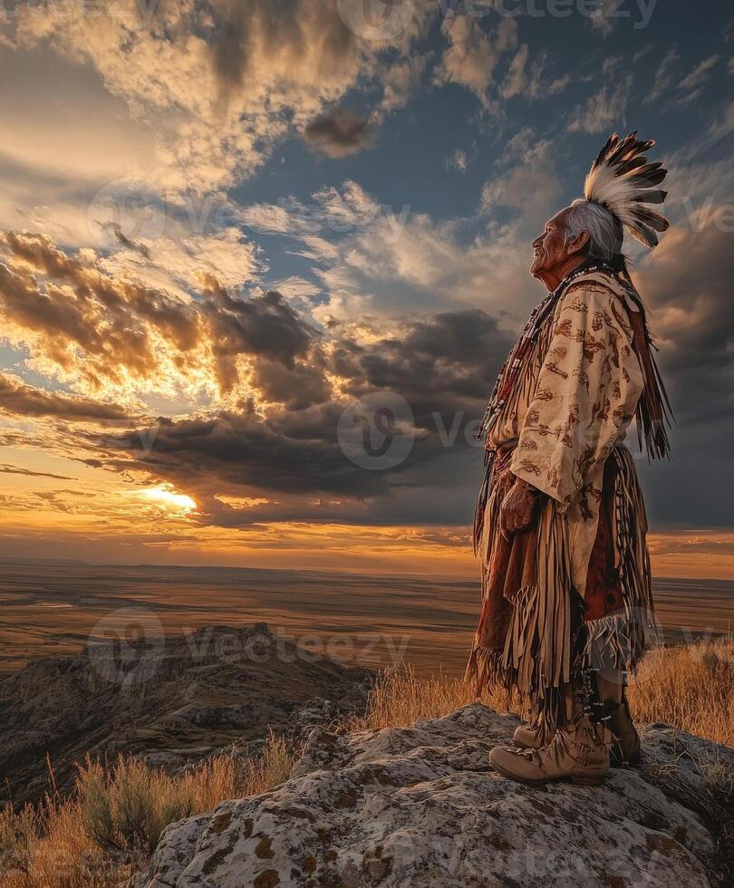 Elder standing on rock during sunset in open landscape photo