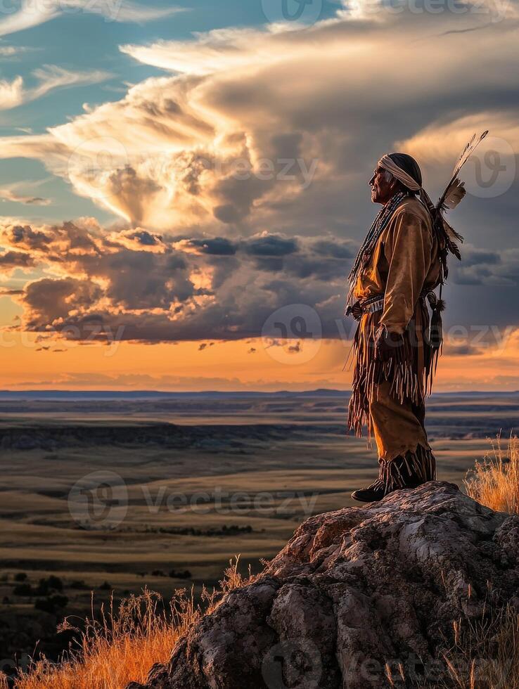 Native american indian man standing on a hill at sunset photo