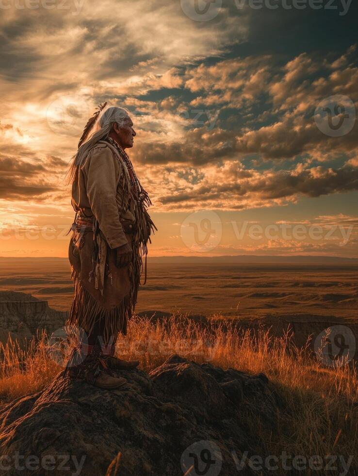 Indigenous man in traditional attire stands on rock at sunset photo