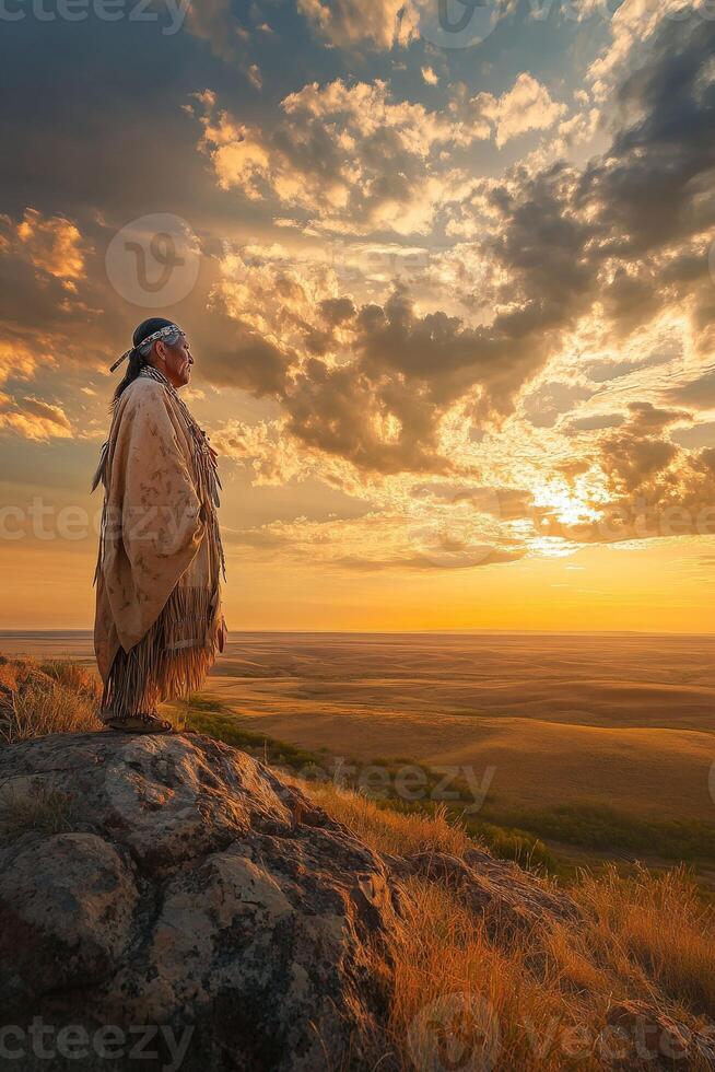Indigenous person gazes over vast landscape at sunset photo