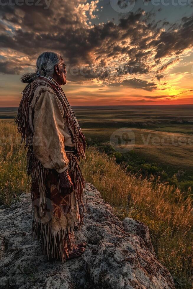 Elder standing on rock during sunset in a vast landscape photo