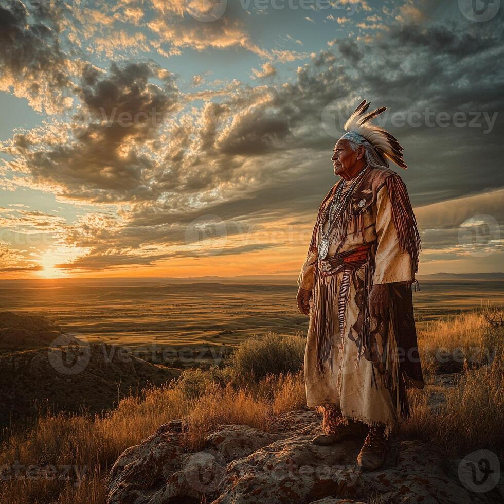 Elder in traditional attire gazes at sunset over vast landscape photo