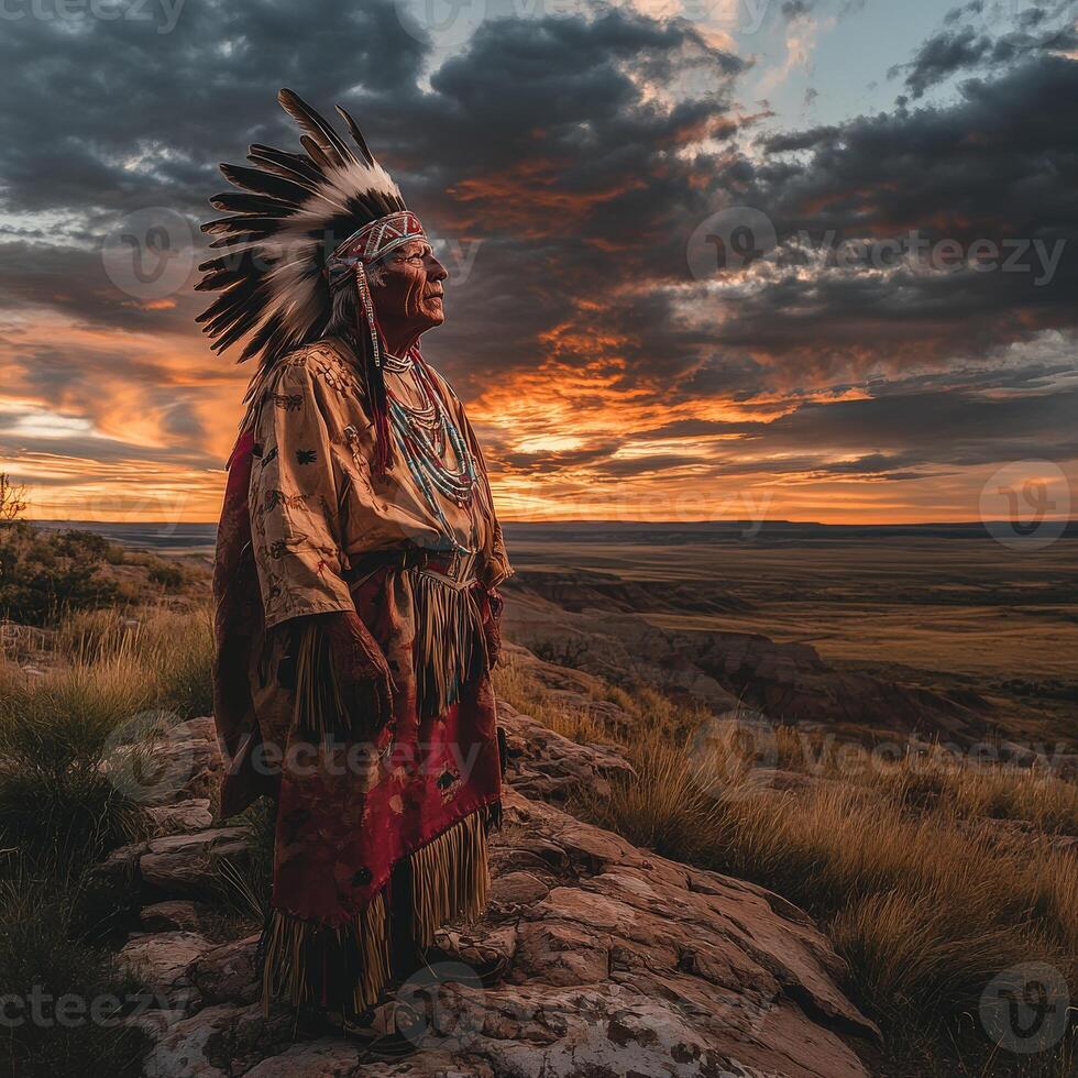 Native American elder standing on cliff during sunset in the plains photo