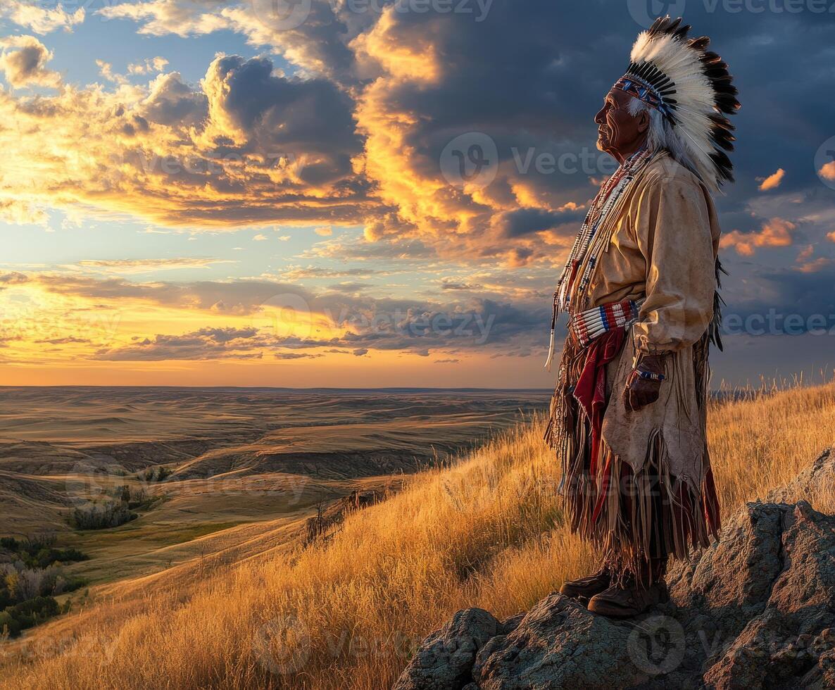 Native American chief standing on a hill during sunset photo
