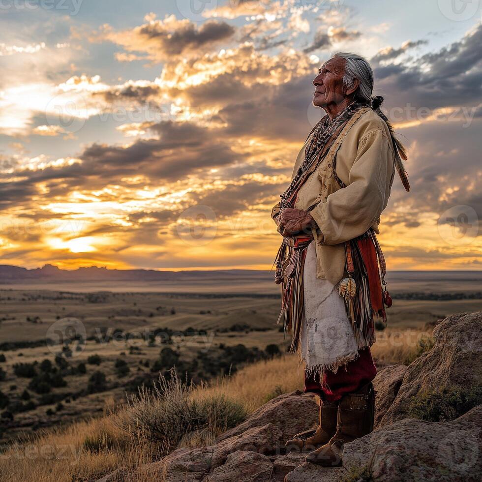 Elder standing on a cliff at sunset near a serene landscape photo