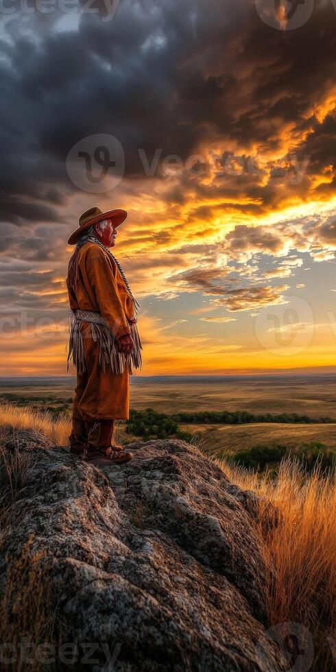 Sunset view of a native dressed in traditional attire on a rocky hill photo