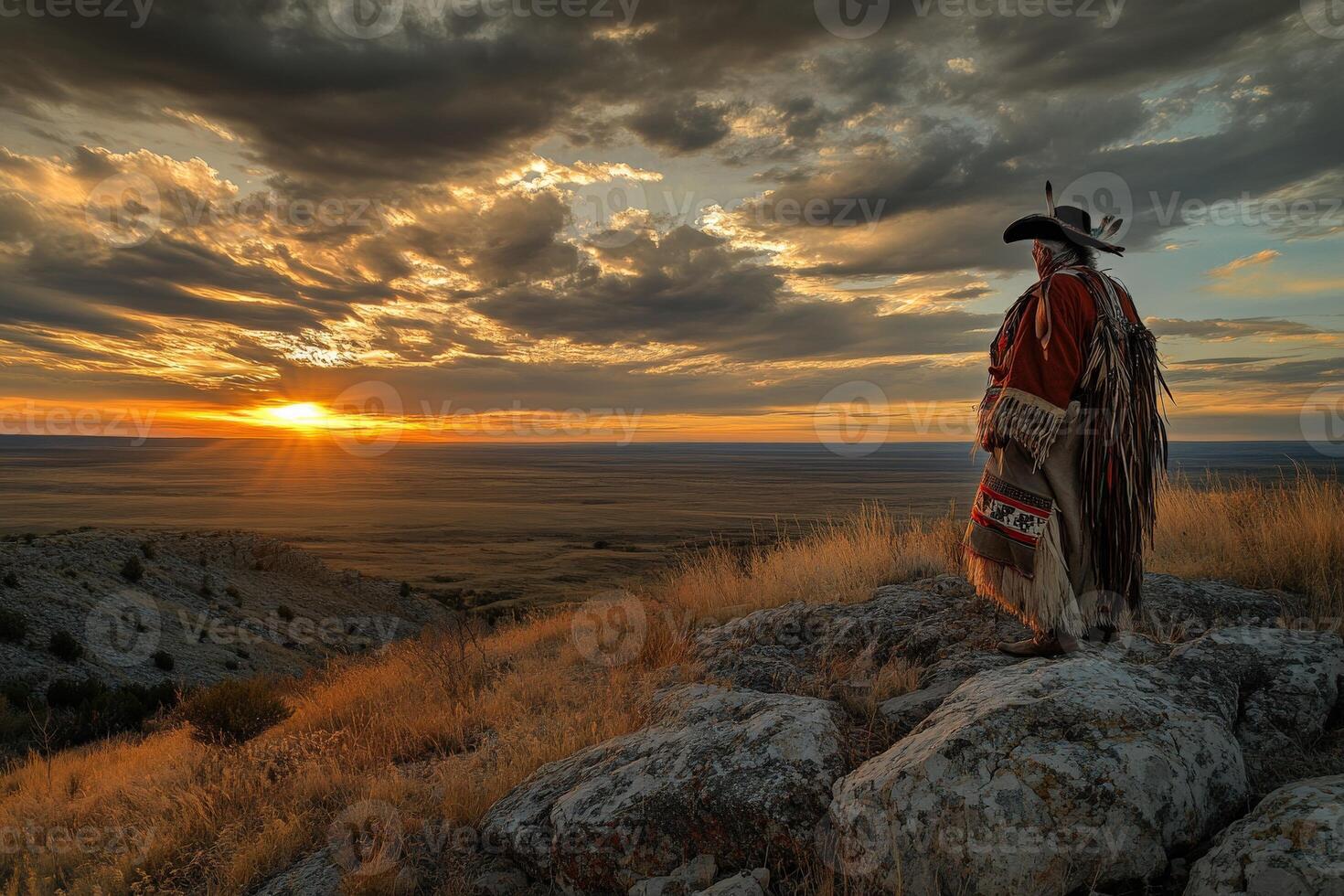 Sunset view of traditional figure on rocky terrain in open landscape photo