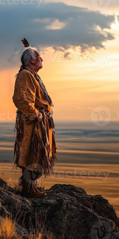 Native elder standing on a rock at sunset in open landscape photo