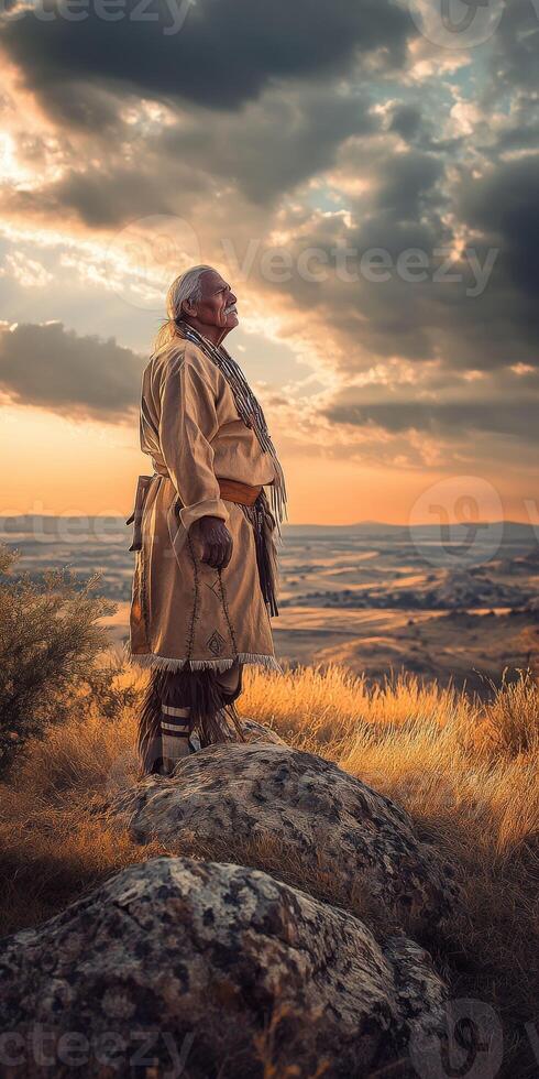 Elder on hill at sunset in stunning landscape photo