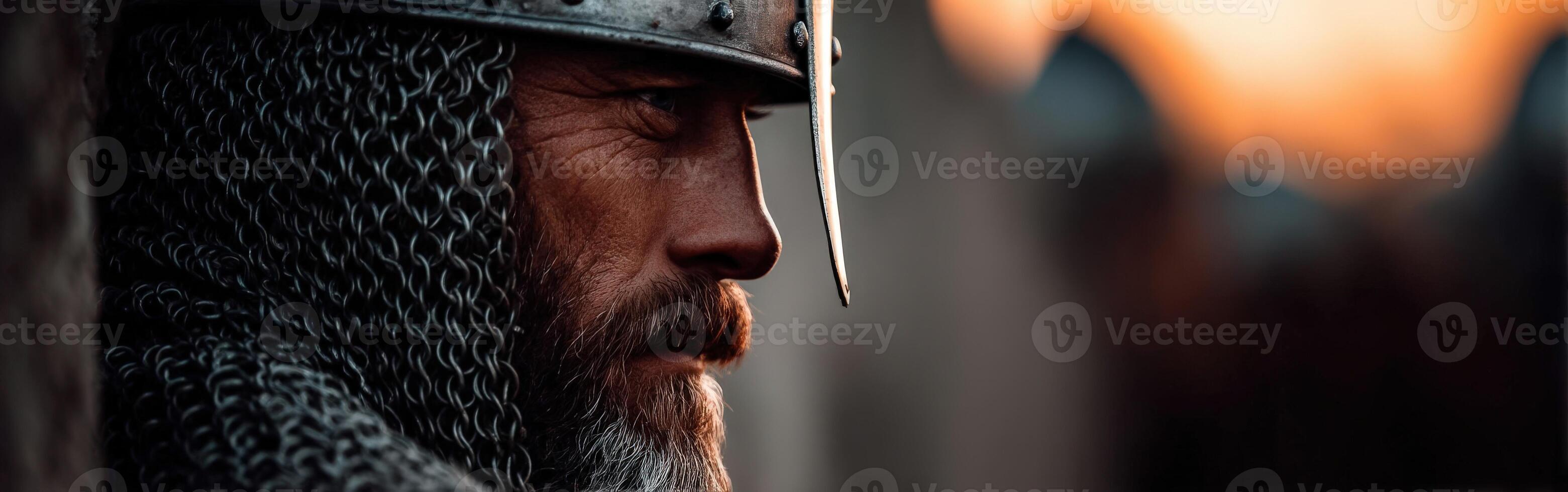 Medieval warrior gazes at sunset during battle preparations photo