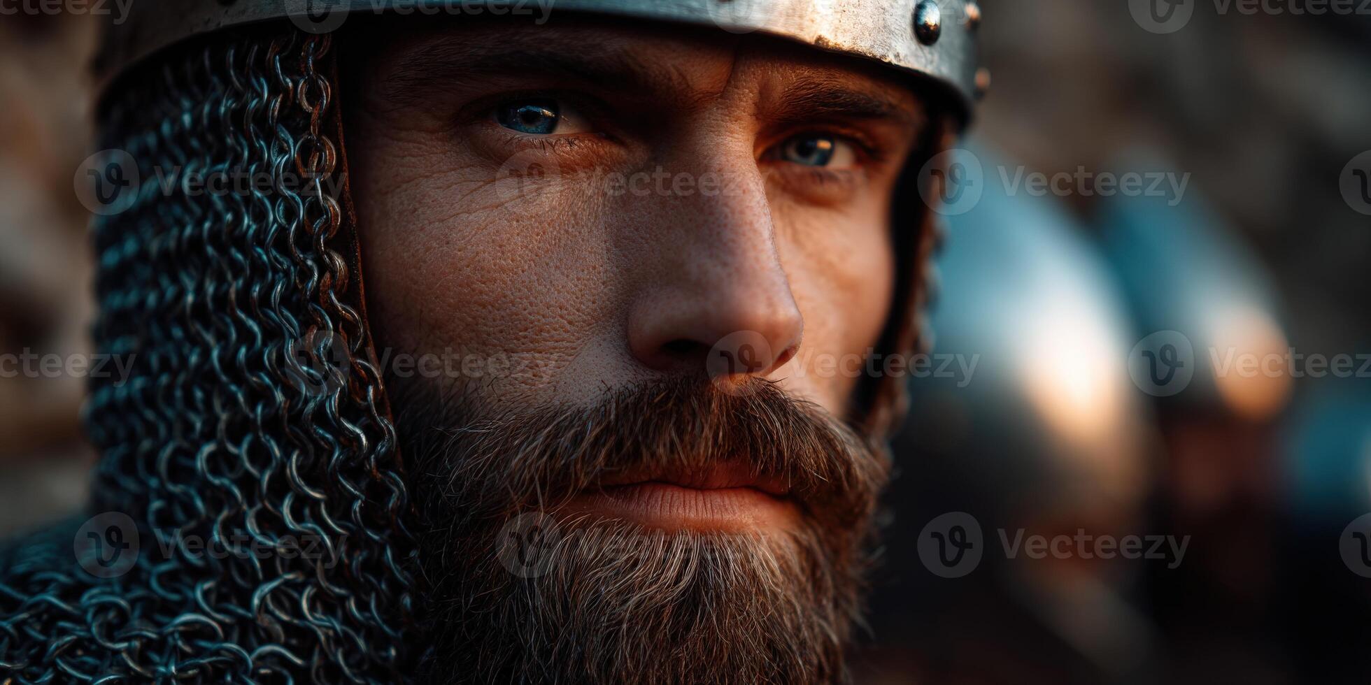 Knight in chainmail readies for battle reenactment photo