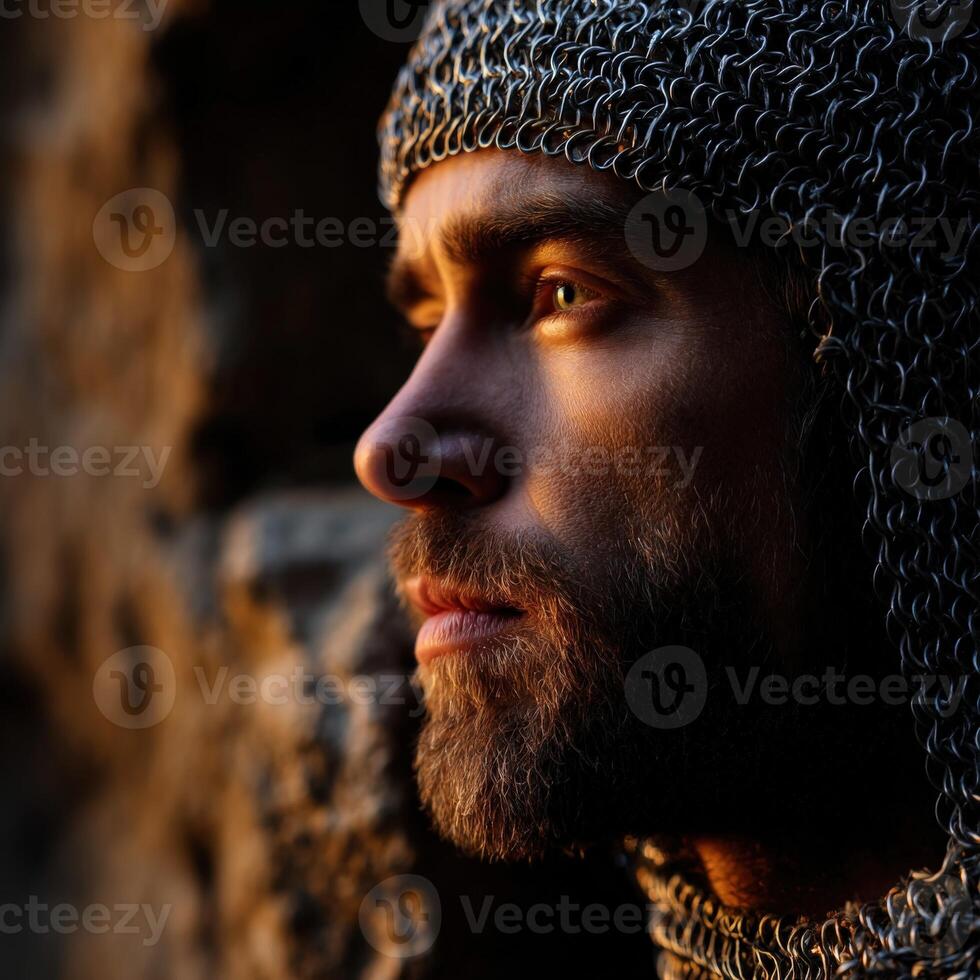 Portrait of a medieval knight in soft sunset light photo