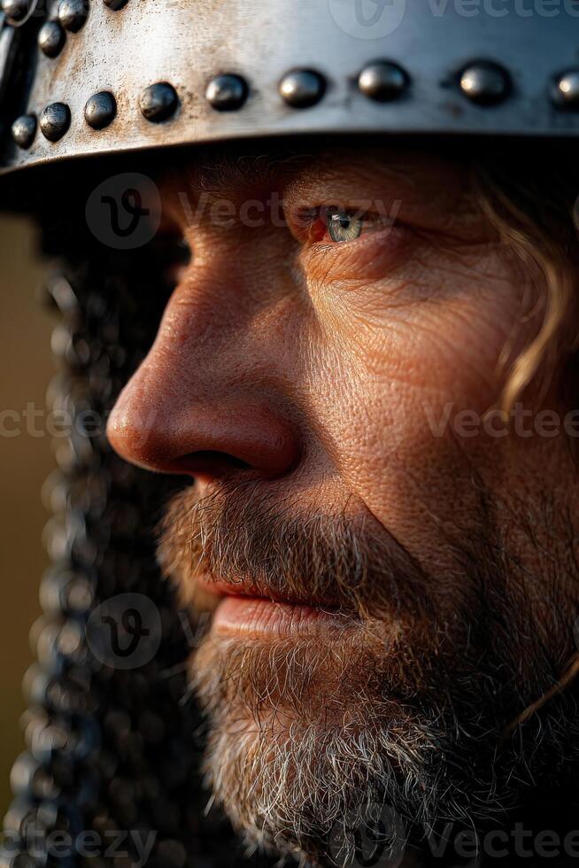 Warrior in chainmail helmet gazes intently on battlefield at dawn photo