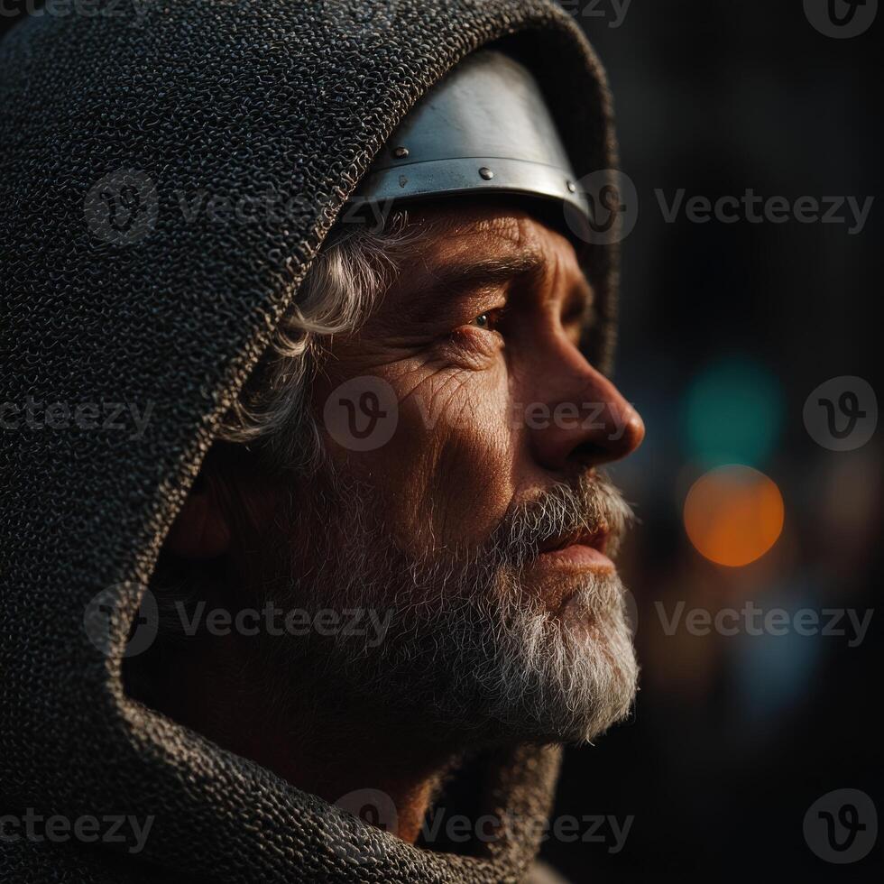 Medieval warrior with silver helmet and cloak in soft light photo