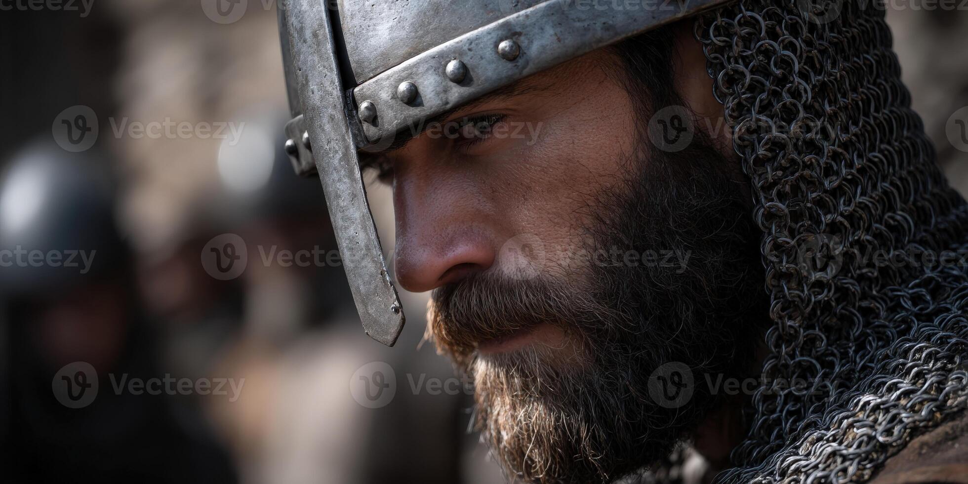 Knight in armor gazes thoughtfully during medieval reenactment photo
