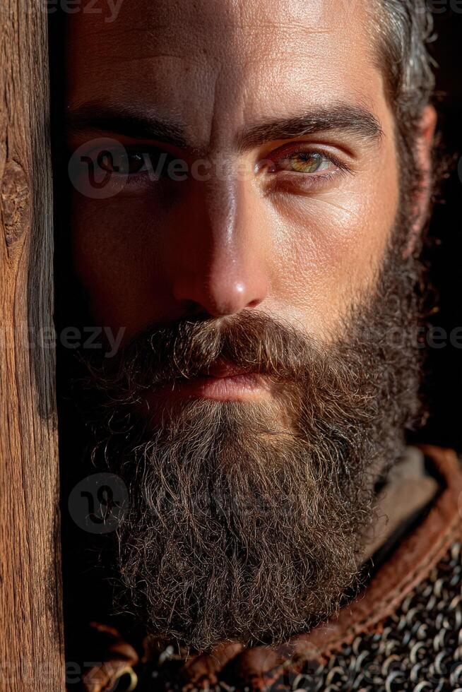 Intense portrait of a bearded man in medieval attire photo