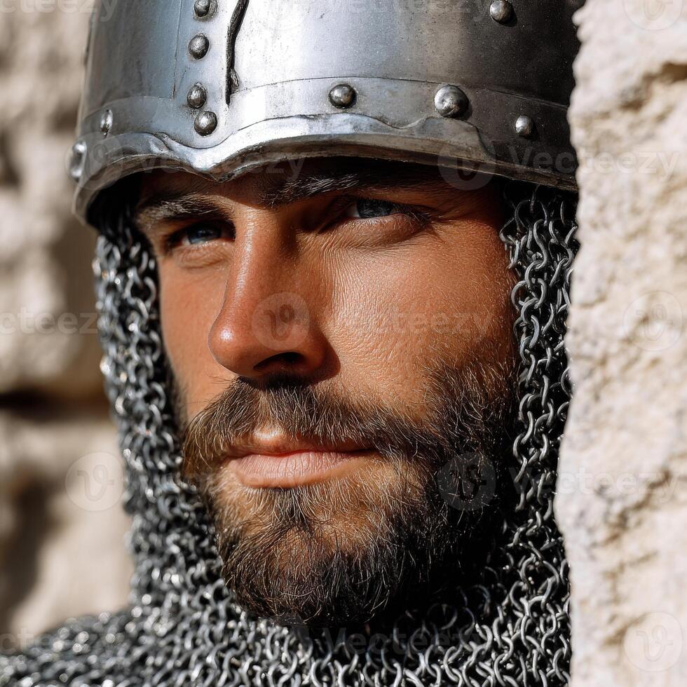 Knight in armor with chainmail standing against a stone wall photo