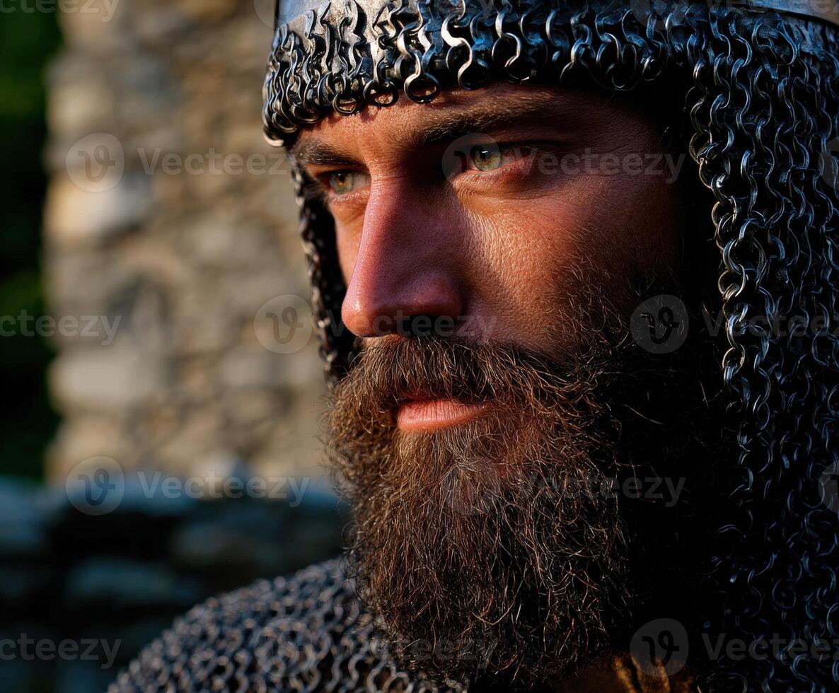 Focused knight in chainmail armor at a reenactment photo