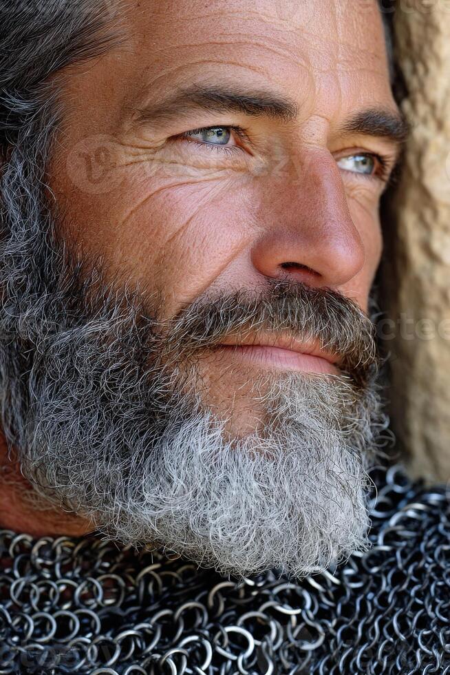 Man in chainmail with a thoughtful expression outdoors photo