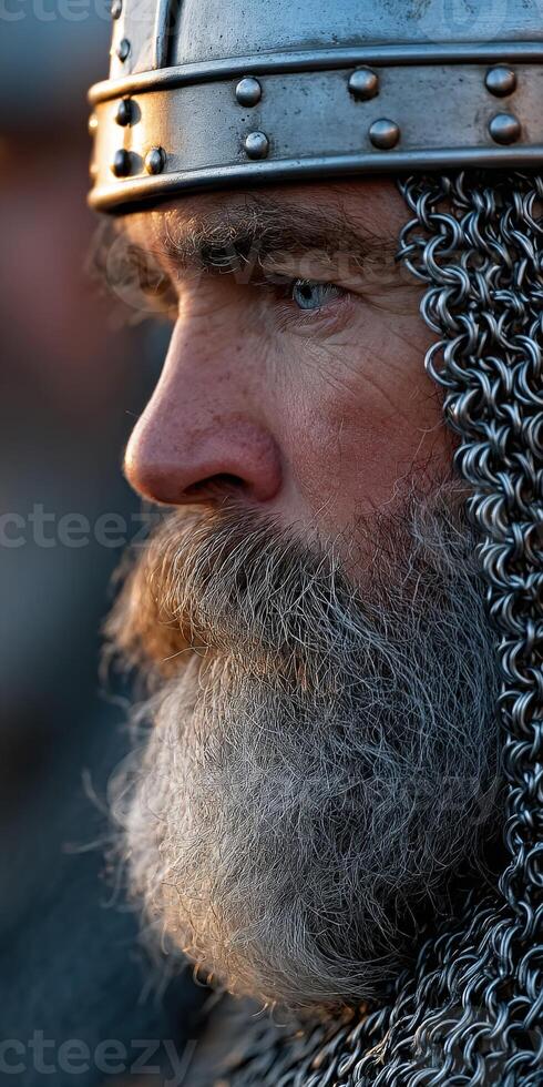 Warrior with chainmail and fierce expression during sunset photo