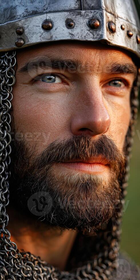 Warrior in chainmail armor gazes determinedly into the distance photo