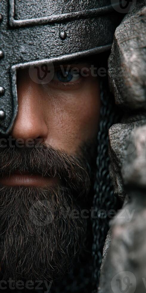 Warrior in armor with intense gaze captured in close-up setting photo