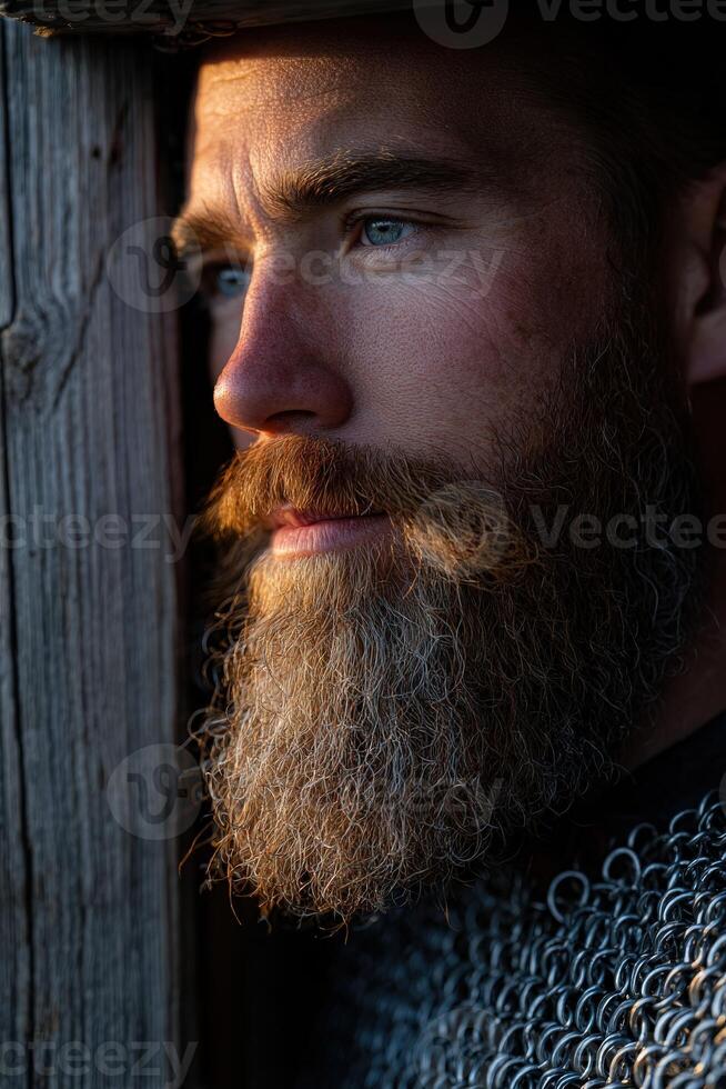 Bearded man in chainmail gazes thoughtfully into the distance photo