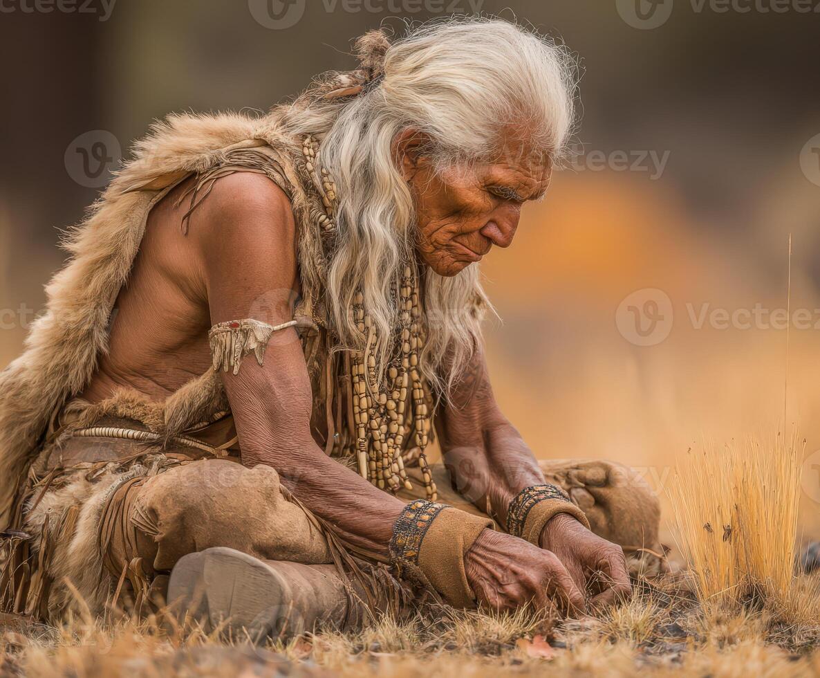 Elder craftsman working with natural materials in a serene landscape photo