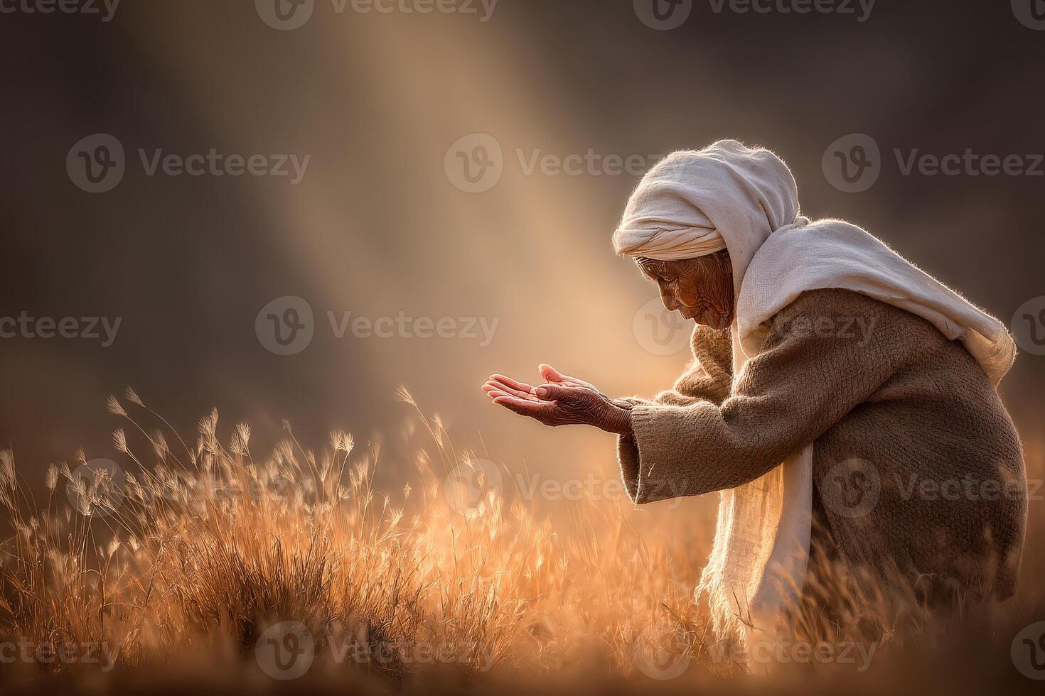 Elderly woman in warm attire tending to golden grass at sunrise photo