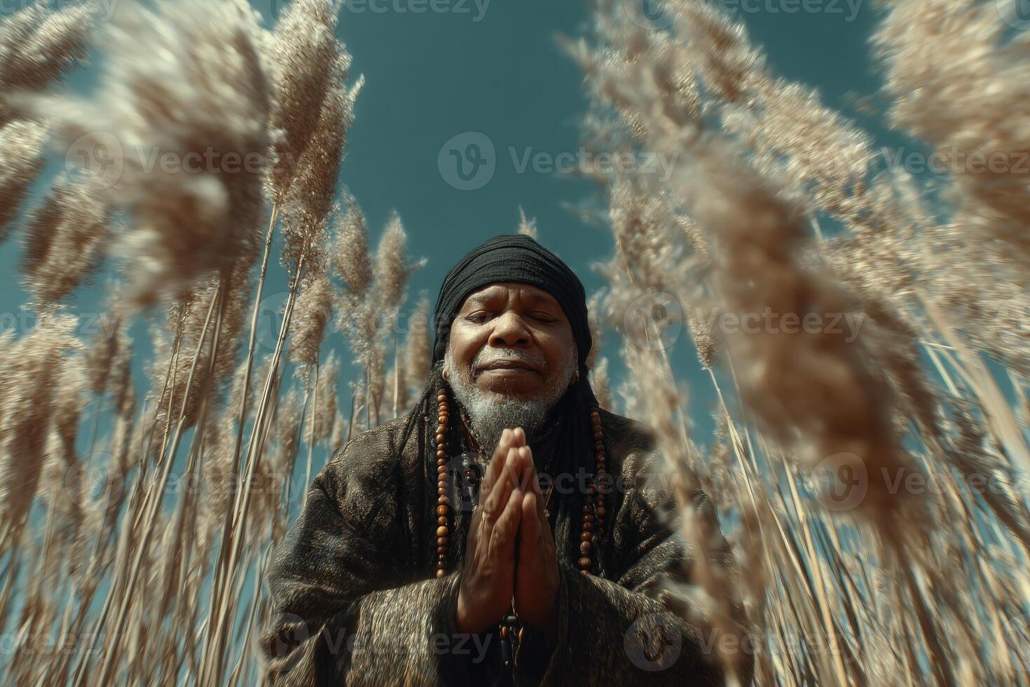 Man meditating in tall grass field during bright sunny day photo