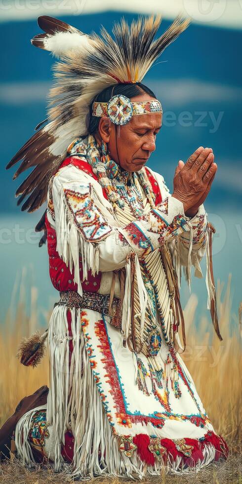 Native American man practices traditional prayer in nature setting photo