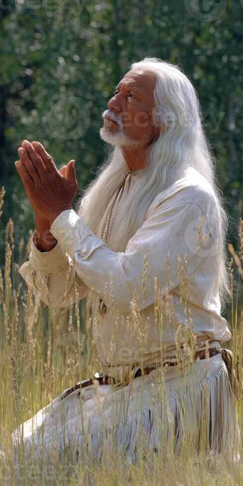 Elder in traditional attire kneeling in prayer amongst tall grass photo