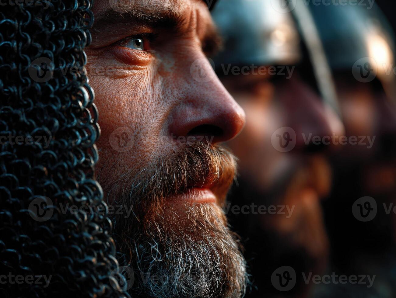 Knights in armor preparing for battle at dawn in the forest photo