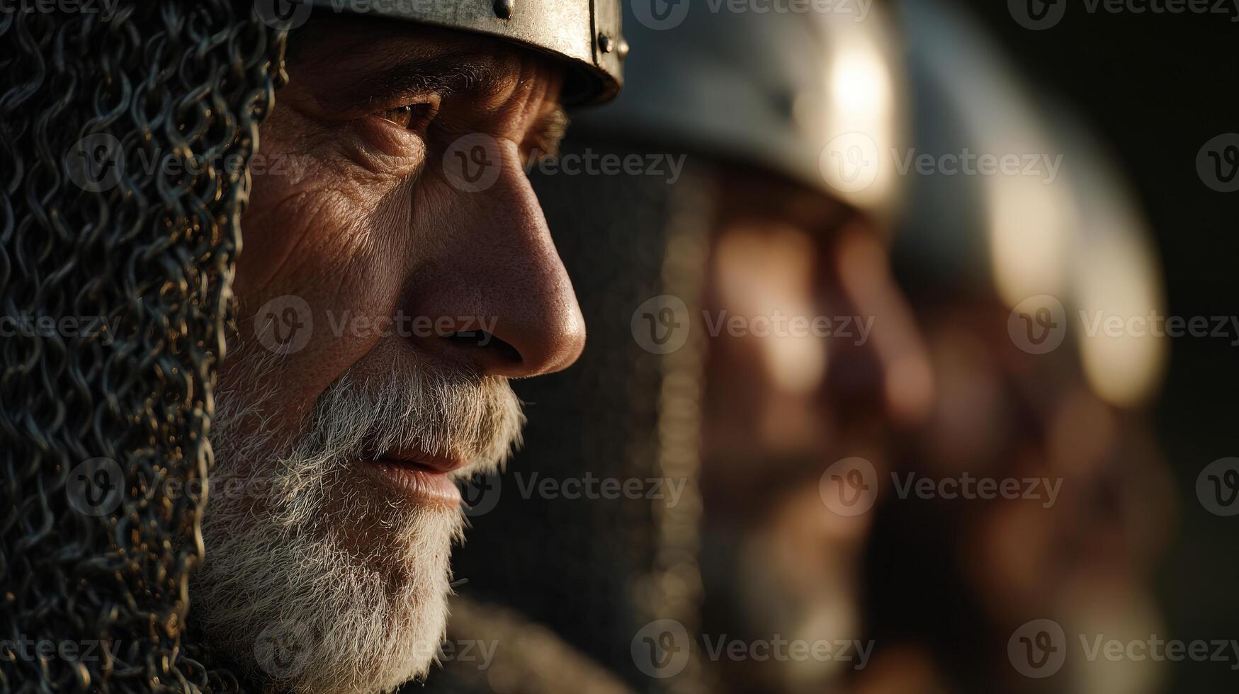 Medieval warriors stand guard in armor during a quiet evening photo