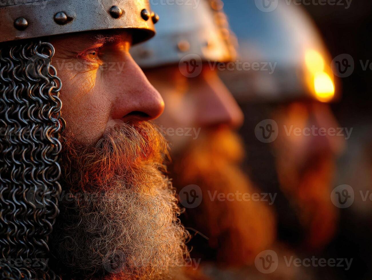 Medieval warriors stand in formation during sunset photo