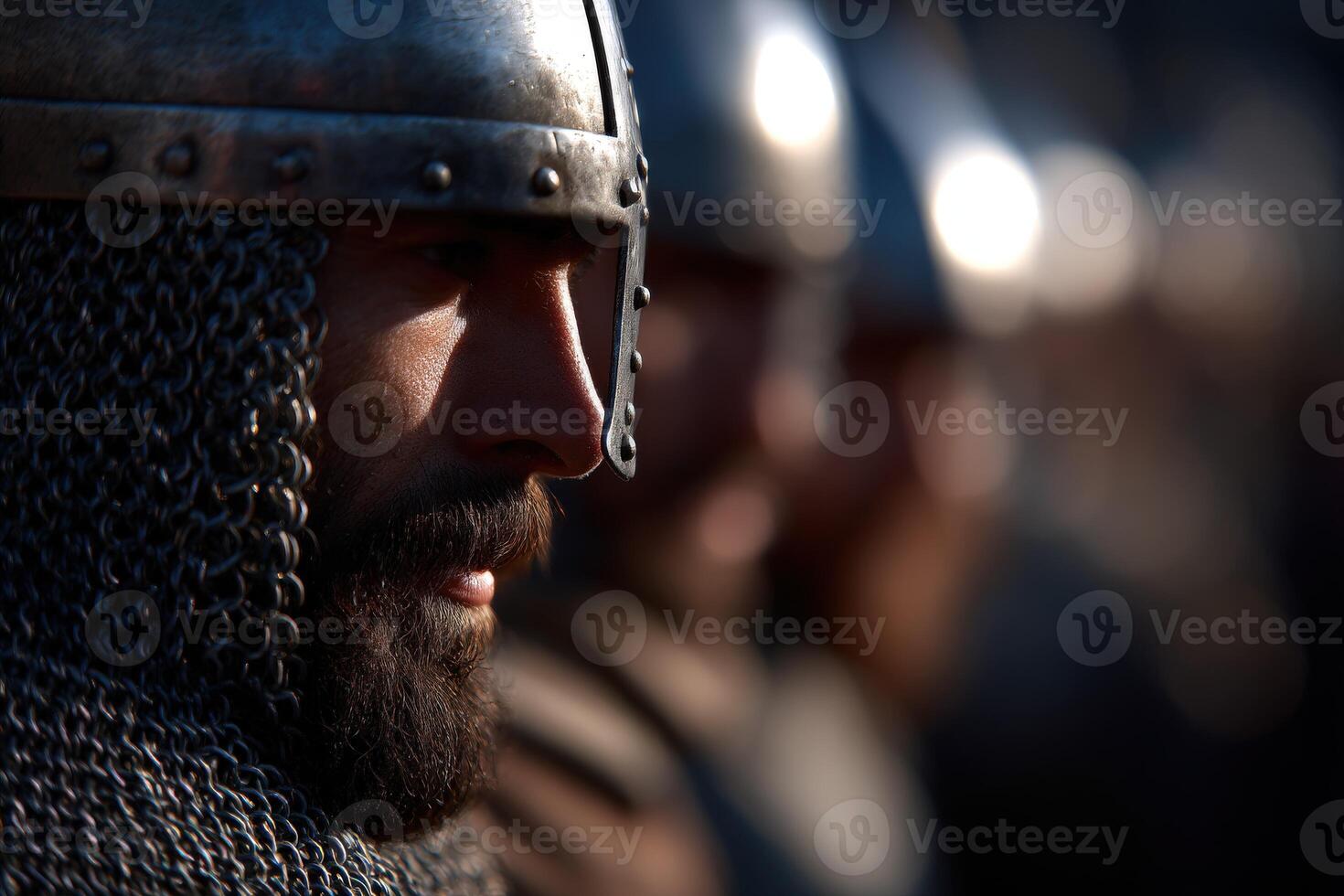 Historical reenactors display medieval combat preparation in uniform photo