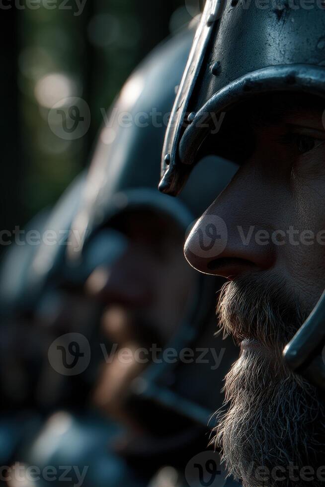Warriors prepare for battle in a dense forest setting photo
