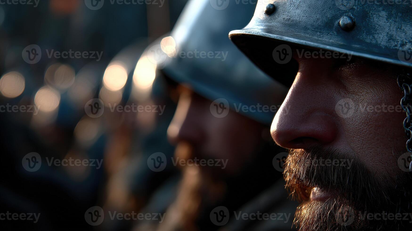 Men in helmets participate in historical reenactment event photo