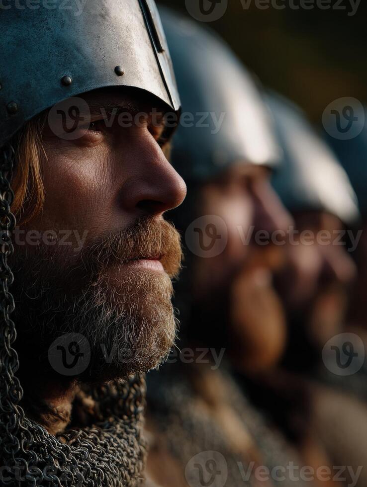 Warriors prepare for battle in a historic reenactment setting photo