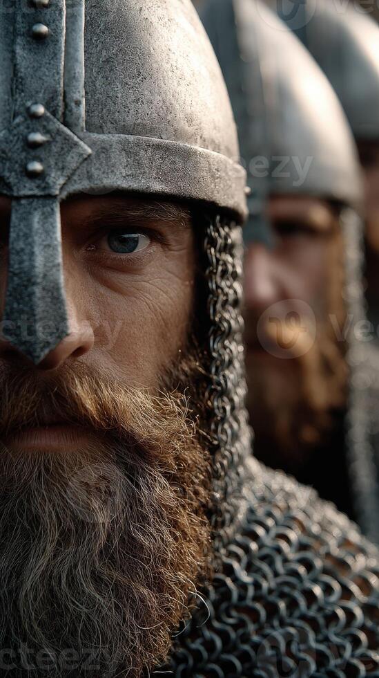 Warriors in chainmail prepare for battle in a medieval setting photo