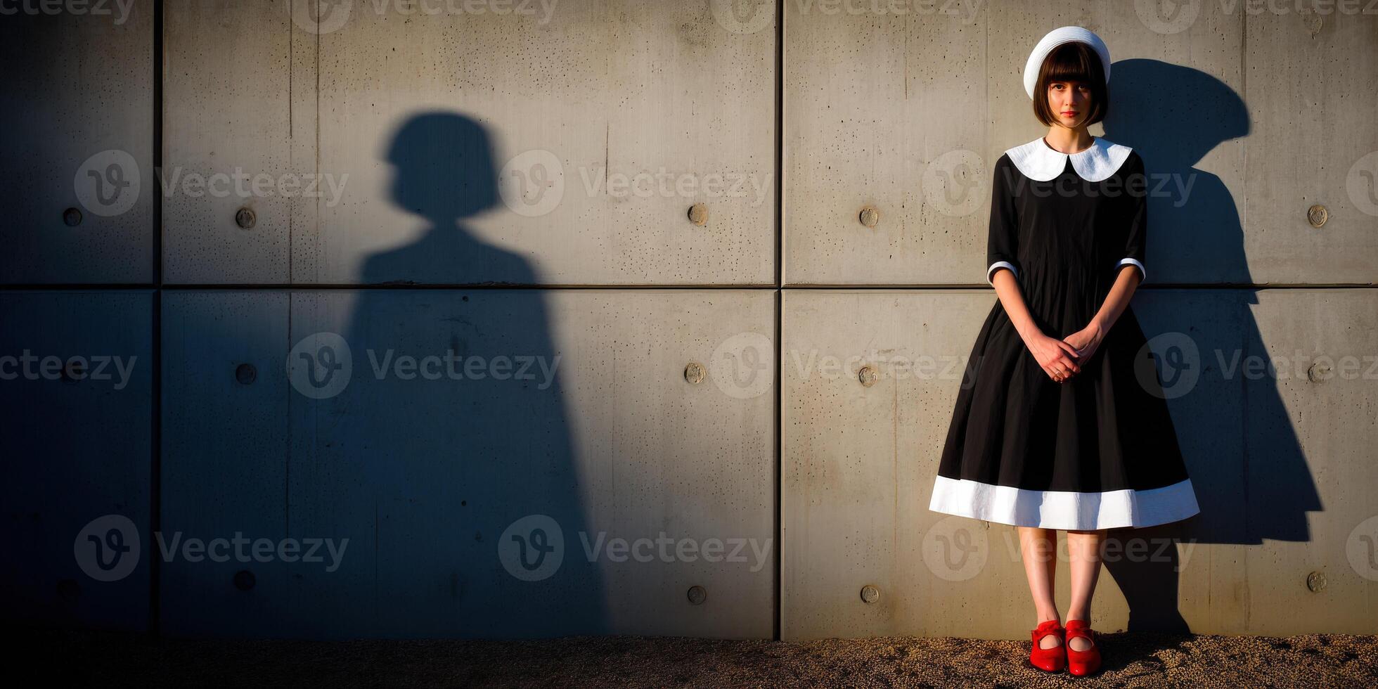 Unique fashion portrait with striking shadow in modern setting photo